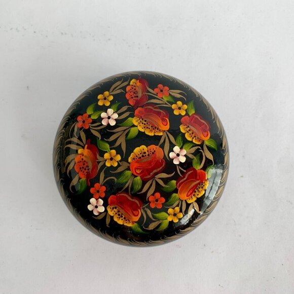 Vintage Ukraine Ukrainian Hand-painted Trinket Bowl Dish Lidded Floral Lacquered - Picture 3 of 5